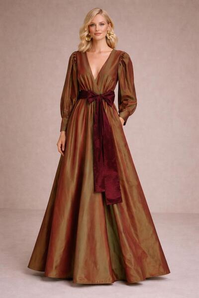 MERT ERKAN Kruvaze Kapamalı Kızıl/Yeşil Yansımalı İpek Tafta Şık Elbise