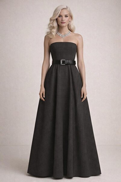MERT ERKAN Anthracite Checkered Patterned Tok Strapless Maxi Dress