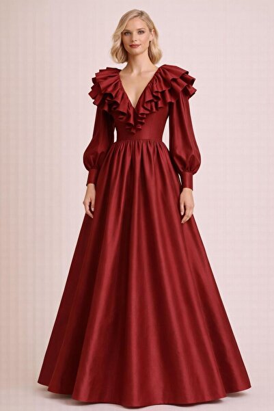 MERT ERKAN فستان طويل من التفتا بياقة على شكل حرف V وتفاصيل مكشكشة وأكمام منتفخة