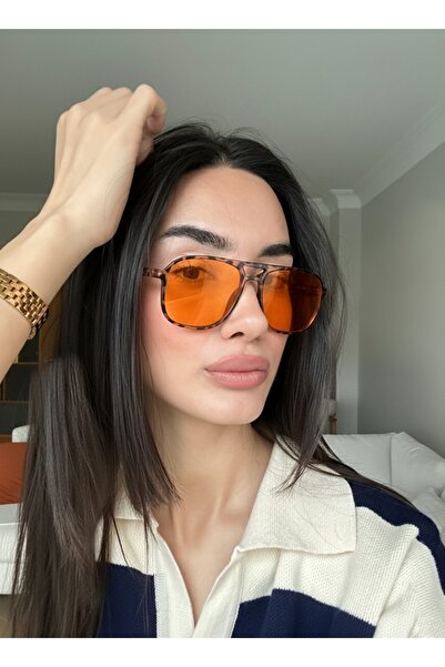 funeyes Nantes Turuncu Camlı Leopar desenli unisex ince çift köprülü güneş gö...