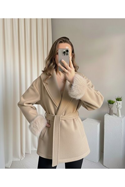 SUN STYLE Women's Cashmere Coat with Fur Lined Sleeves, Shawl Collar, Belted Overcoat