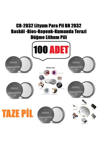Derwell 100 Adet Cr2032 Lityum Para Pil DR2032 Baskül-Bios-Kepenk-Kumanda Ter...