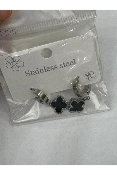 staınless steel Yonca Küpe Sallantılı Siyah