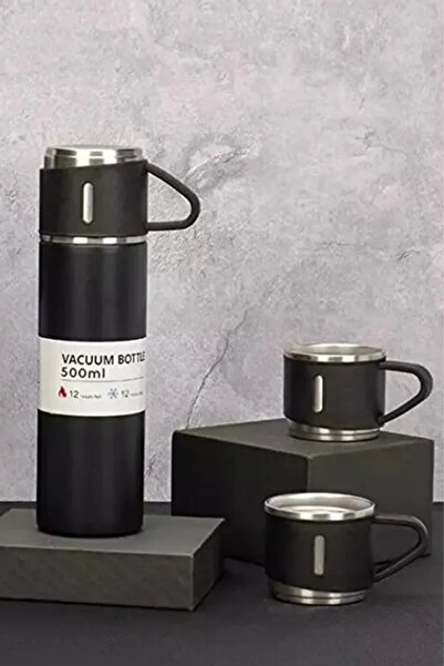 SODELICIOUS COFFEE TEA Paslanmaz Çelik Termos Gri Renk 3 Bardaklı Termos Seti...