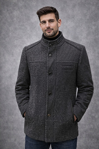 DYNAMO Men's Big Size Black Color Woolen Judge Collar Cashmere Coat 9005