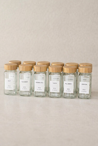 KaiHome طقم وعاء توابل مربع بغطاء من الخيزران مكون من 14 قطعة - زجاج 12 قطعة