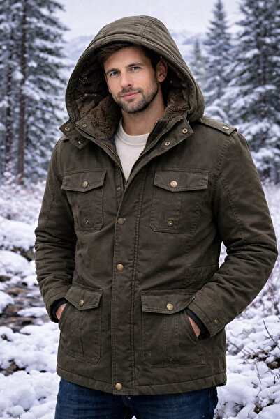 DYNAMO معطف سميك مبطن بالفرو ومقاوم للماء للرجال باللون الكاكي