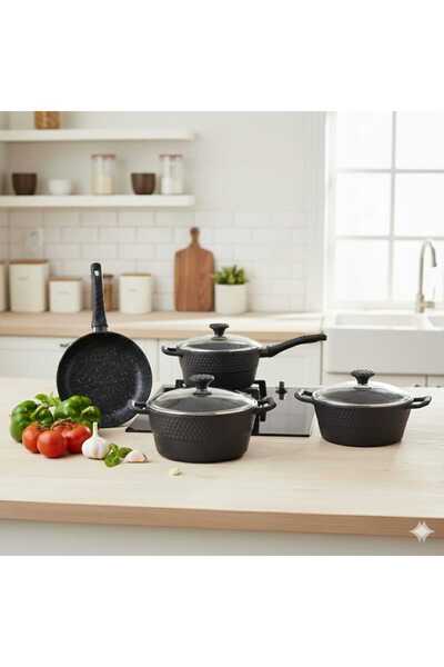 Funny Life Luxury Cast Iron Cookware Set with Glass Lid 7 Pieces Black -