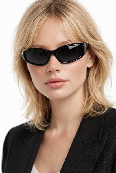 Houseofeyeris Raenna Black Frame Narrow Oval Cat-Eye Sunglasses – Black Lens ...