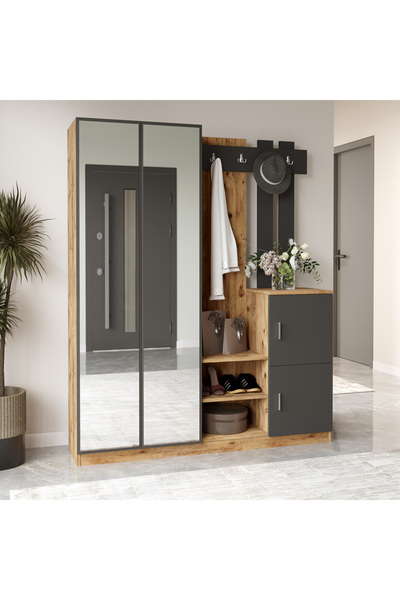 L'occi Concept Wood Aynalı Askılı Kapaklı Vestiyer Portmanto Ayakkabılık Çam-antrasit Gri