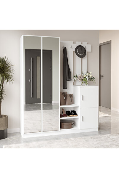 L'occi Concept Wood Aynalı Kapaklı Askılı Vestiyer Portmanto Ayakkabılık Beyaz