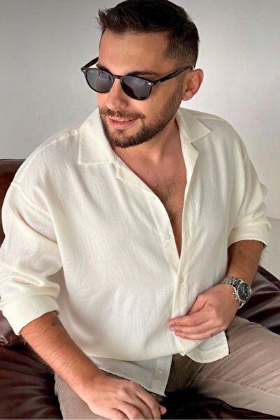 bb butik basic Dökümlü keten dokulu oversize spor yaka gömlek KREM