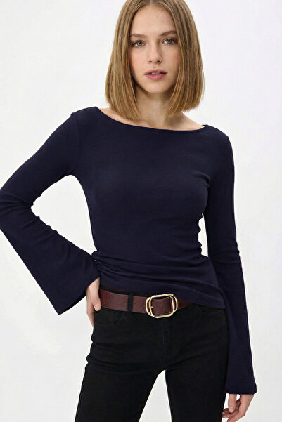 VODENS Lacivert Çan kollu %100 Pamuk basic tişört Bluz