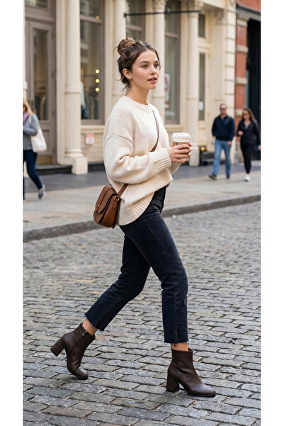 Ayakkabı Delisiyim Кафяви дамски ботуши от кожа с противоплъзгащи подметки, ц...