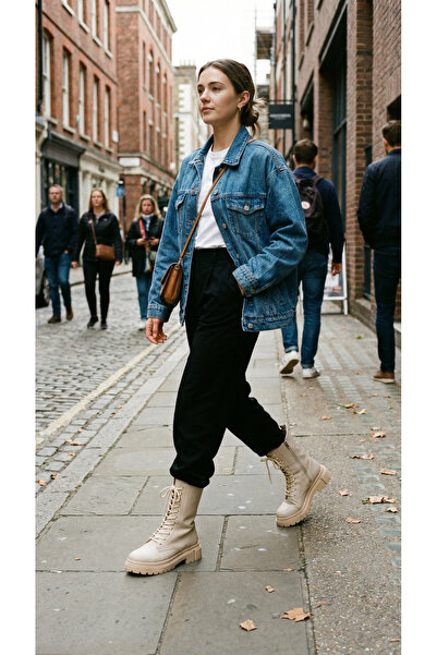 Ayakkabı Delisiyim Cizme de damă din piele de culoare bej Cizme Mia cu șireturi Fermoar interior Talpă groasă Impermeabil