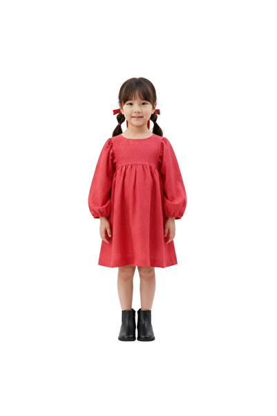 Çikoby Kız Çocuk Elbise Nar Çiçeği Kırmızı Dokuma Balon Kol Şık Tasarım