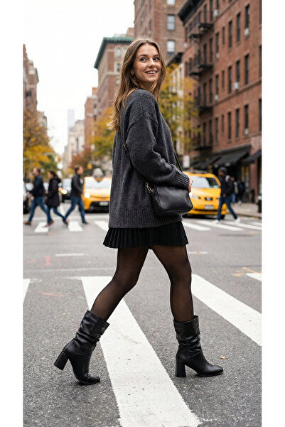 Ayakkabı Delisiyim Cizme de damă din piele neagră cu toc Talpă anti-alunecare Toc gros Laura