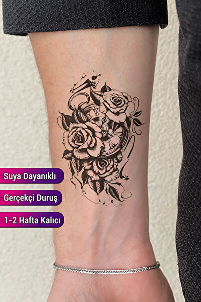 BiWini Saat Gül Geçici Dövme Tattoo Bilek Kol Bacak Erkek Kadın Dövme