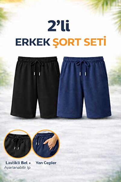 TREND ALİSSE 2 li erkek siyah-lacivertt bermuda spor rahat yazlık tatil şort