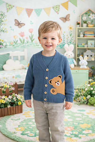 tinitins Knitwear Girl Boy Baby Bear Figure Buttoned Cardigan