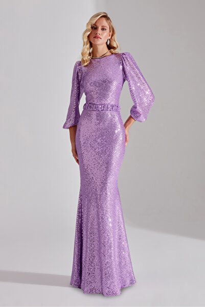BETTY & SAM GRACE Işıltılı Payetli AÇIK LİLA Balon Kol Maxi Boy Gece Elbisesi