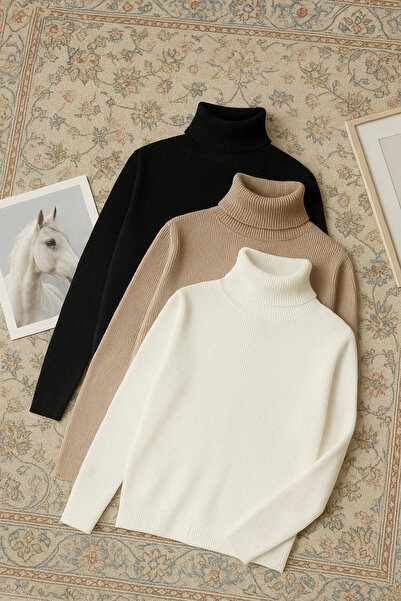 Beybun boutique Pachet de 3 pulover pentru damă, din bumbac, jacquard, cu gât roscat