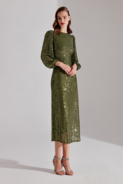 BETTY & SAM NICOLE Sparkly Sequin Khaki Balloon Sleeve Midi Dress