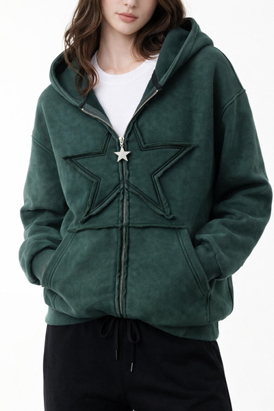 Gofeel Star Washed Unisex Oversize Zip Hoodie