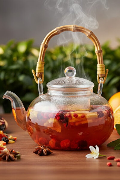 SODELICIOUS COFFEE TEA Bambu Saplı Cam Süzgeçli Demlik 1200 ml (CAM BİTKİ ÇAY...