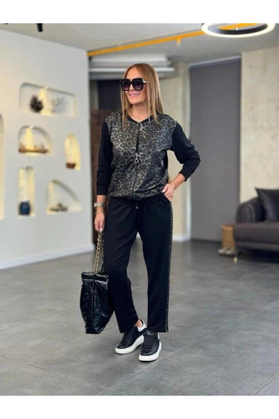 Butik طقم نسائي مكون من بلوزة وبنطلون من الفيسكوز بنقشة الفهد مع سحاب أمامي و...