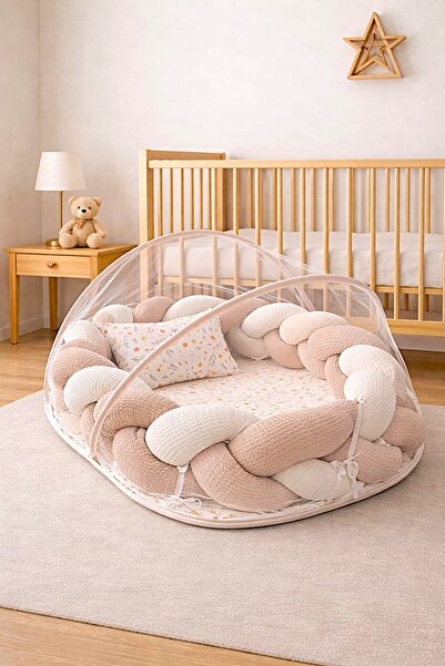 JULYA KİDS 3 LÜ Örgü Cibinlikli 60*80 Cm Çiçekli Desen Bebek Yatağı Pike Kumaş  Ortopedik Yastık  Babynest