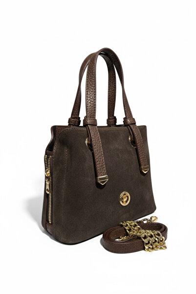 SACHS حقيبة يد وكتف نسائية من الجلد السويدي الأصلي باللون البني - تصميم أنيق مع حزام سلسلة وسحاب