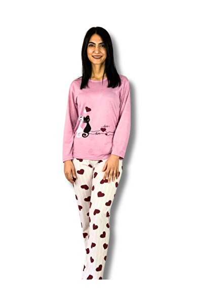 YusGos طقم بيجامة نسائي بنقشة قلب وتصميم قطة (وردي-أبيض)