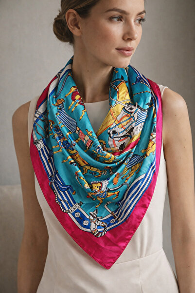 FA LORA TAKI Desenli Turkuaz Pembe At Figürlü Saten Fular (90X90)