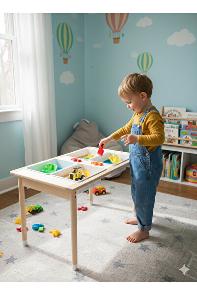 Masal Oyuncak Ahşap Kum ve Su Masası – 4 Bölmeli Duyu Masası