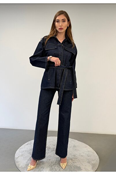 ossons طقم دينيم مكون من سترة قصة فضفاضة وبنطلون جينز فاخر مع حزام خصر