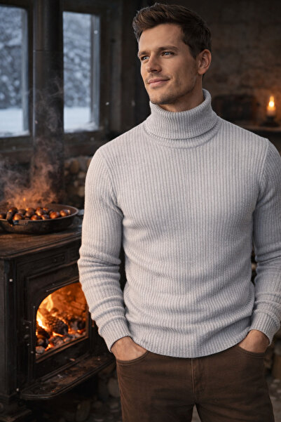 SKYBEAR Pulover tricotat cu gât roșu pentru bărbați, gri, iarnă, din material...