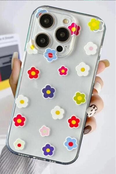 3GEN CASE İphone 15 Pro Kılıf Tatlı Çiçekler Desenli Şeffaf Silikon Kılıf