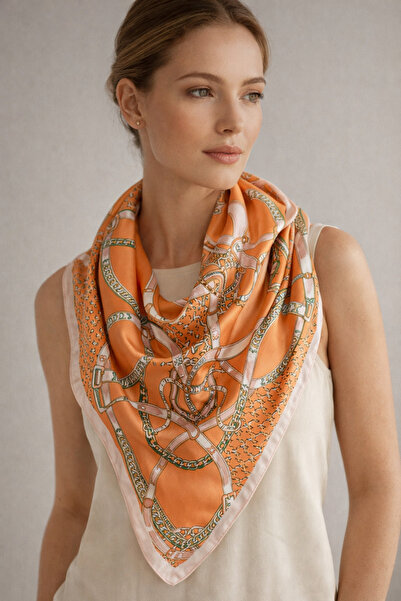 FA LORA TAKI Desenli Turuncu Saten Fular (70X70)