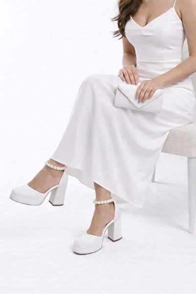 Famels Pantofi cu toc pentru femei Pearl Baretli, cu fundă, pantofi de mireasă, rochie de seară pentru nuntă și set de colier