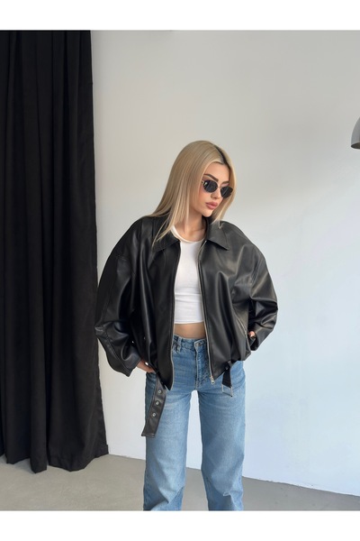 Ekim Store Jachetă din piele bomber cu centură de sezon nou