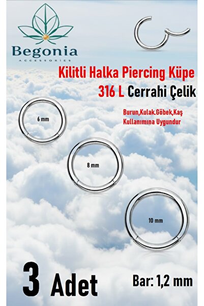 Öte Beri Hayallerin Ötesi 316L Cerrahi Çelik Kıkırdak Tragus Helix 6mm,8mm,10mm 3Adet Kilitli Halka Hızma Küpe Piercing Set