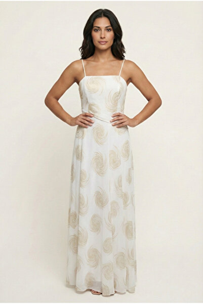 LEBUDA FASHION Gold Spiral Desenli Askılı Uzun Abiye Elbise – Düğün, Nişan, M...