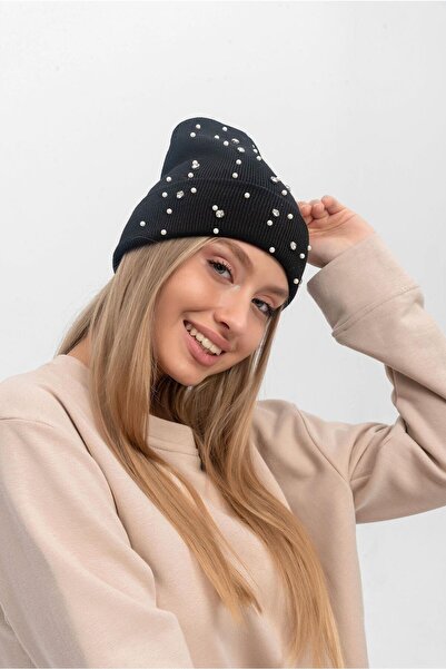 Saria Moda Tricotaj negru Inci cu pietre aplicate Beretă elegantă pentru femei
