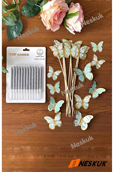 Neskuk 12-Piece Silver Glitter Birthday Cake Candle + Paper Butterfly Ornament