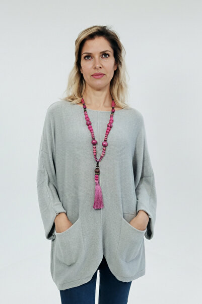 SHOPPEBUTİK Mercerized Cotton Knitwear Tunic Sweater with Pockets - Loose Ove...