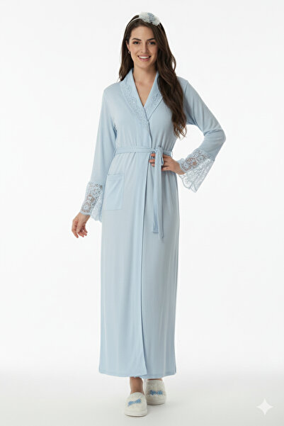 bigmama Women's Stylish Lace Detailed Long Single Dressing Gown - 100& Stretc...