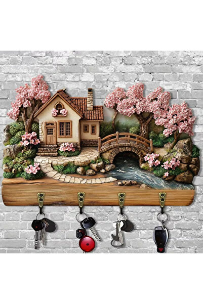 TuraLazerKesim Breloc din lemn plat 2D, multifuncțional, cu patru cârlige met...