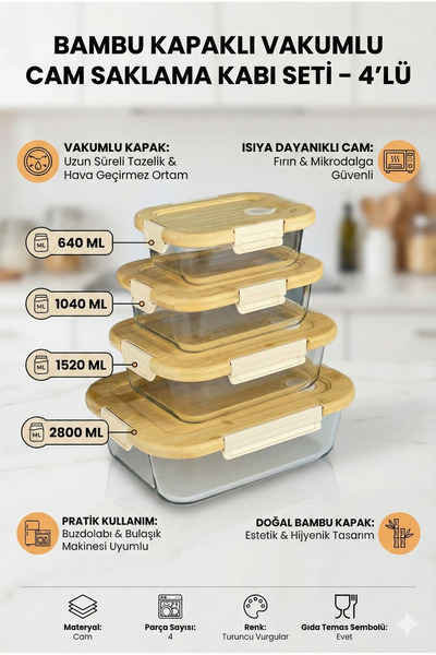 GUNES ZUCCACIYE مجموعة حاويات تخزين زجاجية مفرغة الهواء مع أغطية من الخيزران،...