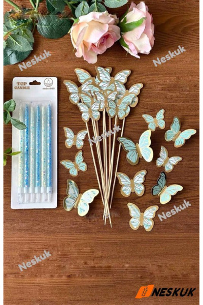 Neskuk 6’lı Beyaz ve Mavi Simli Doğum Günü Pasta Mumu + Kâğıt Kelebek Süsü